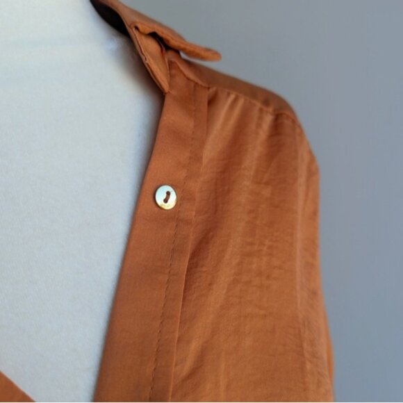 12th Tribe Satin Orange Button-Up Blouse - Picture 2 of 4